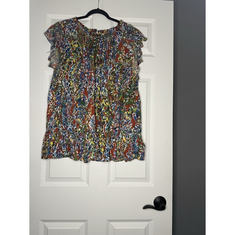Kori Plus Short Flutter Sleeve Floral Tiered Top 2x Red W Green Yellow White